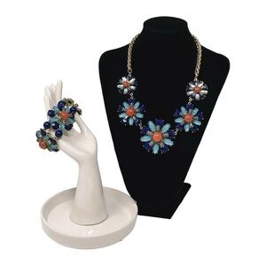 Blue Statement Necklace & Bracelet Set Carnelian Like Centers Gold Tone Hardware